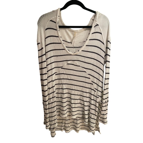 Free People Tops - Free People We The Free Striped Thermal Top Cream Navy Blue Waffle Knit Medium